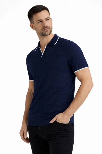 Erkek Kısa Kol Fitilli Triko Yakalı Düğmesiz T-shirt  2li Set Siyah-Mint Yeşili