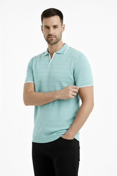 Erkek Kısa Kol Fitilli Triko Yakalı Düğmesiz T-shirt  2li Set Siyah-Mint Yeşili
