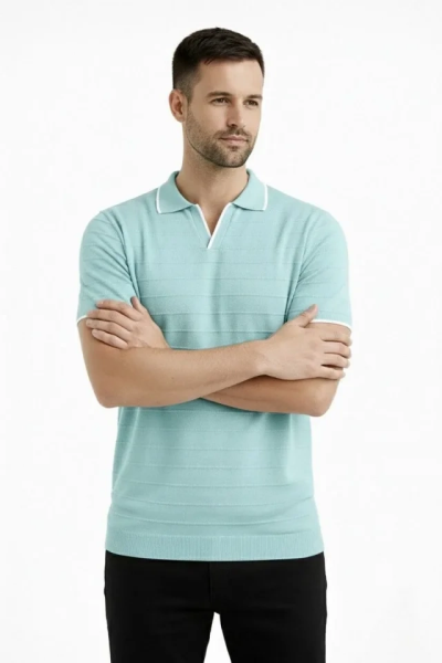 Erkek Kısa Kol Fitilli Triko Yakalı Düğmesiz T-shirt  2li Set Siyah-Mint Yeşili