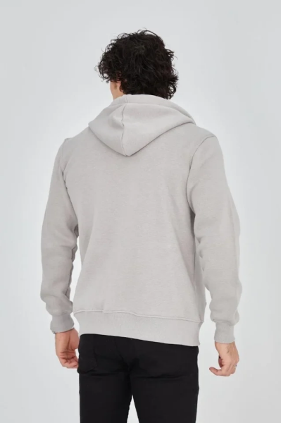 Erkek Kapüşonlu Baskılı Fermuarlı Hırka - Boyalı Gri