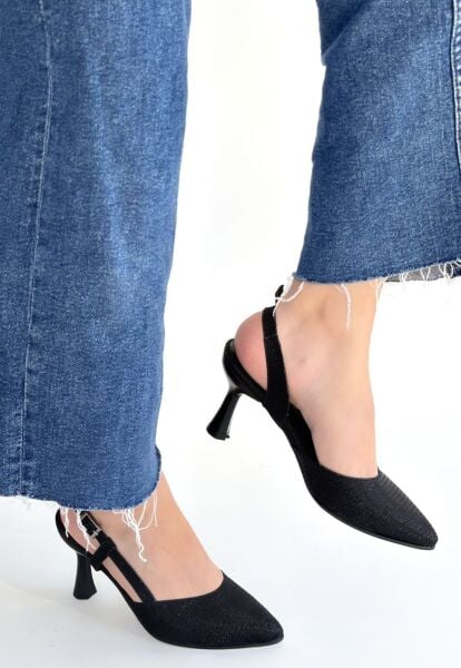 Joga Siyah Saten Simli Topuklu Ayakkabı