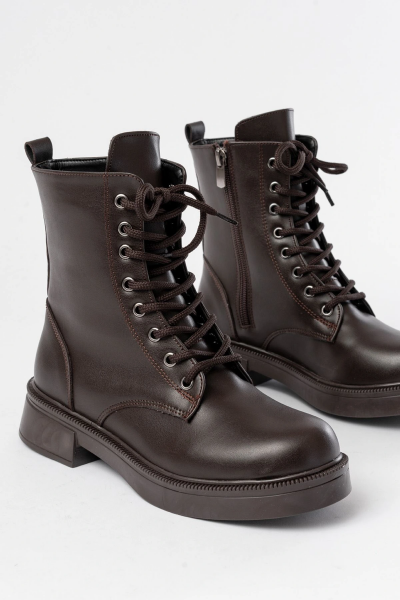 02-356 Kahve Düz Topuklu Bağcıklı Fermuarlı Günlük Kadın Bot