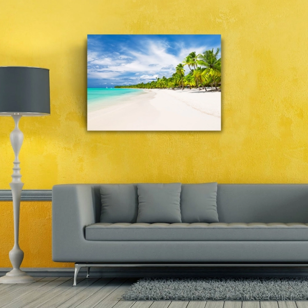 Turkuaz Deniz Palmiyeler ve Bembeyaz Kumsal Kanvas Tablo 50 x 70