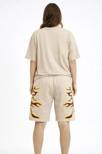 Bej Oversize Baskılı Tişört Şort Takım Cepli Şort Yazlık Rahat Günlük Kombin - Bej