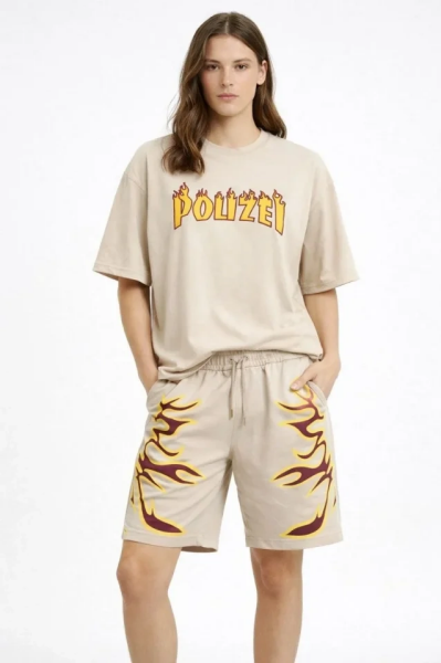 Bej Oversize Baskılı Tişört Şort Takım Cepli Şort Yazlık Rahat Günlük Kombin - Bej