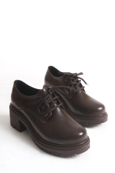 K-707 Kahve Kırışık Rugan Yüksek Tabanlı Bağcıklı  Loafer Ayakkabı