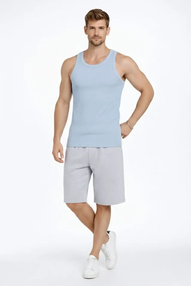 Erkek Fitilli Atlet Sıfır Yaka Slim Fit Arka Baskılı Spor Atlet - Bebe Mavisi