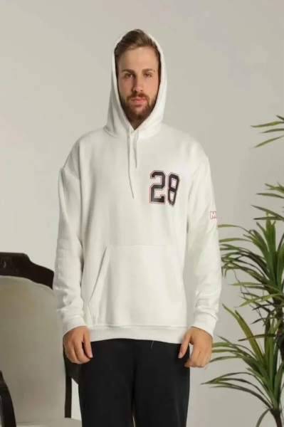 Unisex Kapşonlu Baskılı Sweetshirt - Beyaz