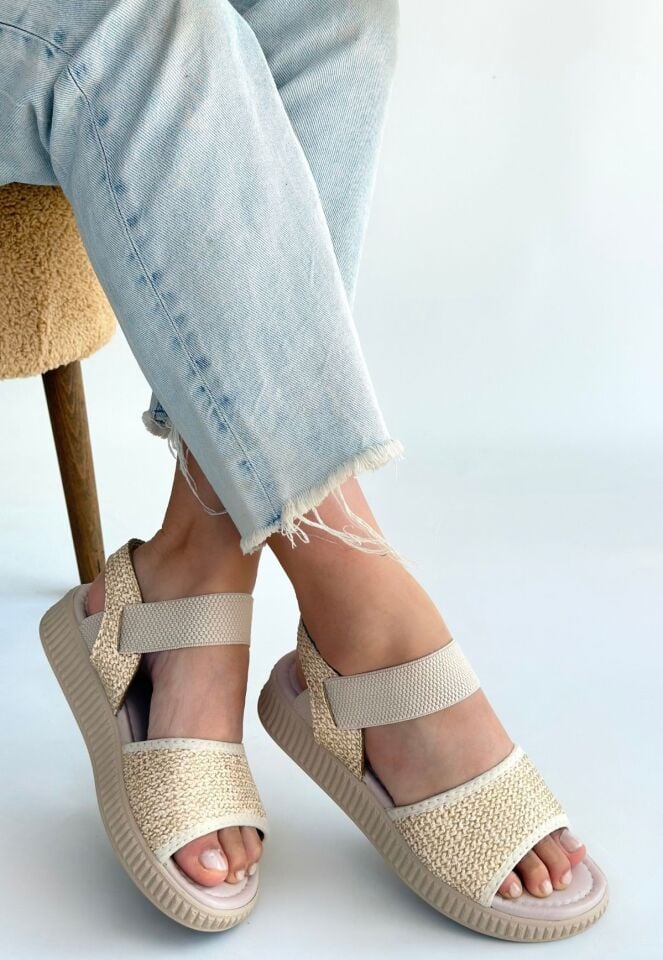 Jake Bej Hasır Cilt Sandalet