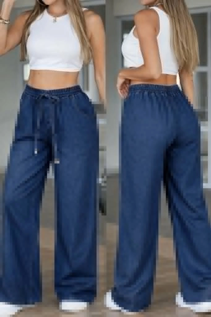 Kadın Yüksek Bel Lastikli Bağcıklı Kot Pantolon