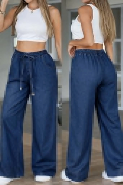 Kadın Yüksek Bel Lastikli Bağcıklı Kot Pantolon