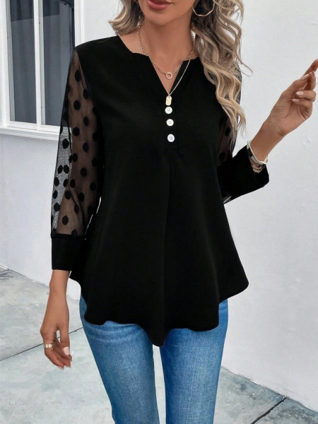 Kadın Uzun Kollu Yakadan Düğmeli Kolları Tül Detaylı Viskon Bluz