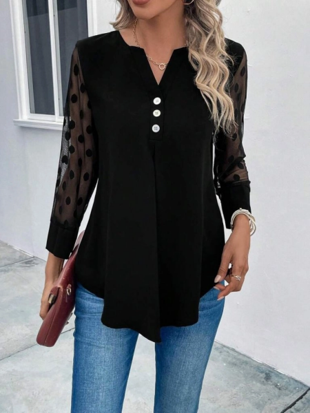 Kadın Uzun Kollu Yakadan Düğmeli Kolları Tül Detaylı Viskon Bluz