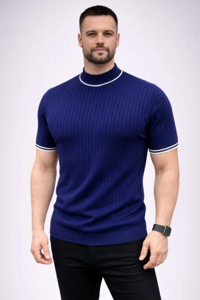 Erkek Fitilli Triko Dokuma Kısa Kol Tişört Yarım Boğaz Modern Yazlık T-Shirt - Lacivert
