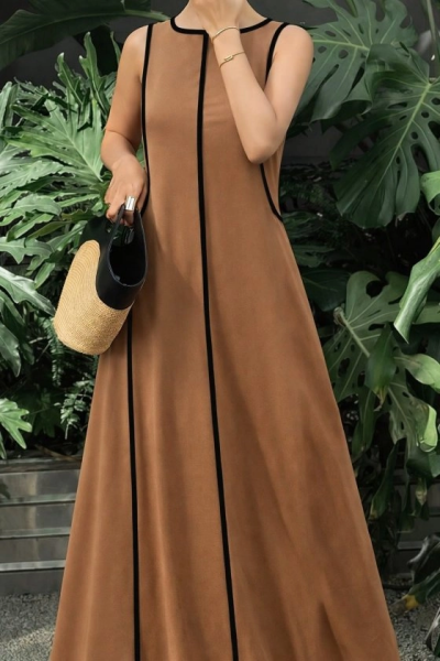 Kadın Omuzlardan Açık Yaka Ince şerit Detaylı Uzun Viskon Elbise