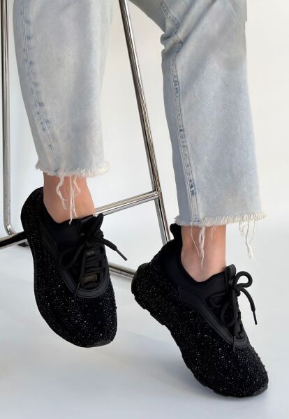 Rimay Siyah Cilt Boncuk İşlemeli Spor Ayakkabı