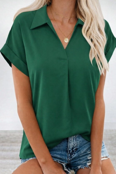 Kadın Kısa Kollu Yakalı Dokuma Viskon Bluz