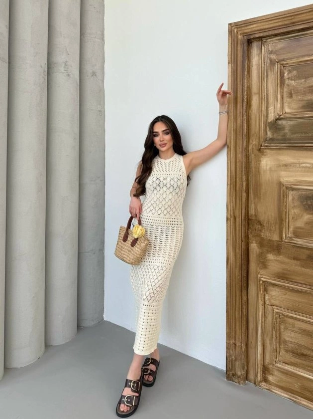 Kadın Kolsuz Kuş Gözü Teday Full Transparan Maxi Boy Elbise