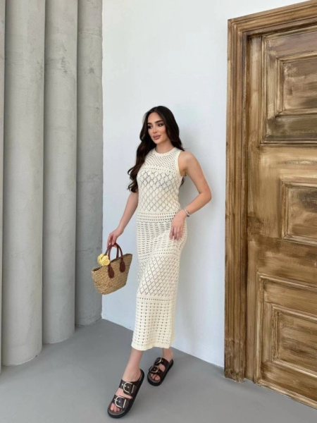 Kadın Kolsuz Kuş Gözü Teday Full Transparan Maxi Boy Elbise