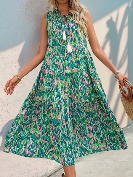 Kadın Askılı Yakası Fırfırlı Bağcıklı Desenli Uzun Süprem Elbise