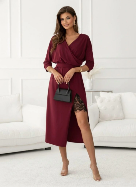 Kadın Uzun Kollu Kruvaze Yakalı Yandan Dantelli Midi Ithal Krep Elbise