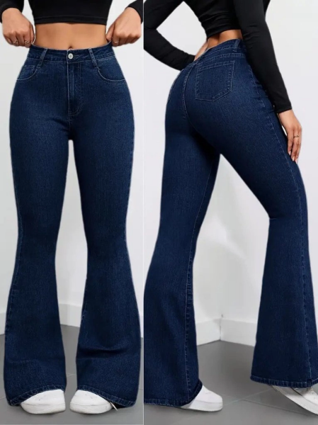 Kadın Yüksek Bel Cepli İspanyol Paçalı Kot Pantolon