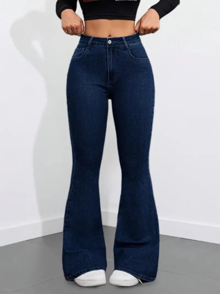 Kadın Yüksek Bel Cepli İspanyol Paçalı Kot Pantolon