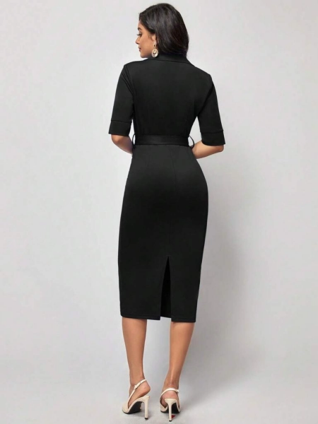 Kadın Kısa Kollu Yakalı Kruvaze Yakalı Beli Kemerli Midi Modal Elbise