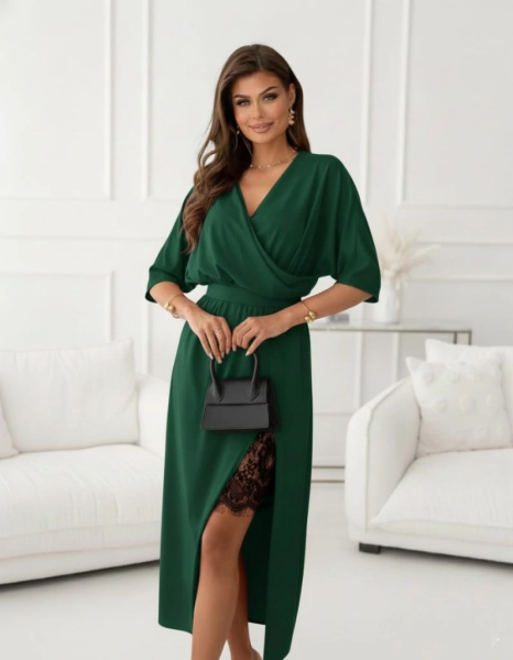 Kadın Uzun Kollu Kruvaze Yakalı Yandan Dantelli Midi Ithal Krep Elbise