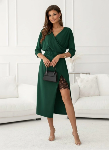 Kadın Uzun Kollu Kruvaze Yakalı Yandan Dantelli Midi Ithal Krep Elbise