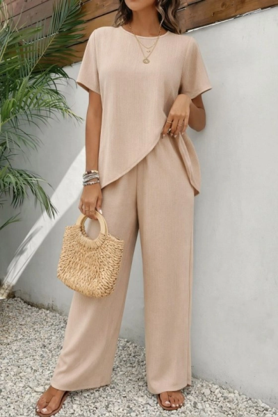 Kadın Kısa Kollu Bisiklet Yaka Asimetrik Kesim Detaylı Bürümcük Bluz Ve Pantolon Ikili Takım