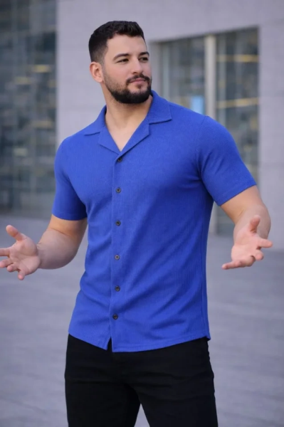 Erkek Waffle Kumaş Kısa Kollu Düğmeli Açık Yaka Regular Fit Gömlek - Saks Mavisi