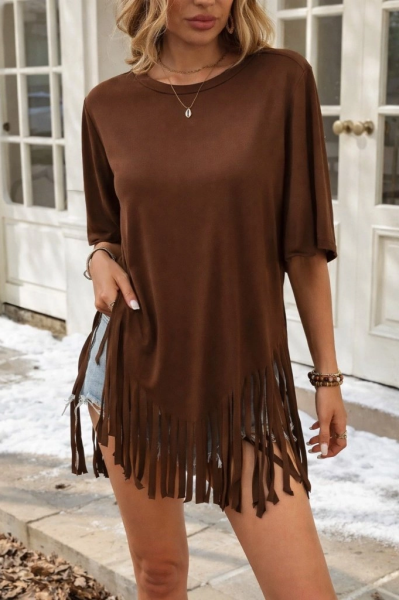 Kadın Kısa Kollu Bisiklet Yaka Püsküllü Viskon Bluz