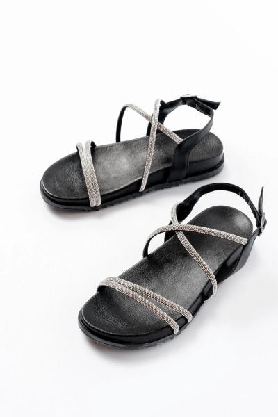 1001-1105 Siyah Gümüş Taşlı Günlük Kadın Sandalet