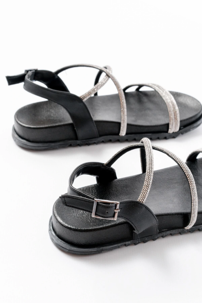 1001-1105 Siyah Gümüş Taşlı Günlük Kadın Sandalet