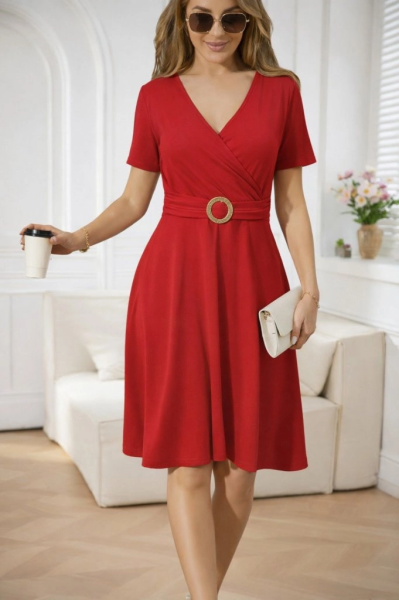 Kadın Kısa Kollu Kruvaze Yakalı önden Toka Detaylı Kısa Viskon Elbise