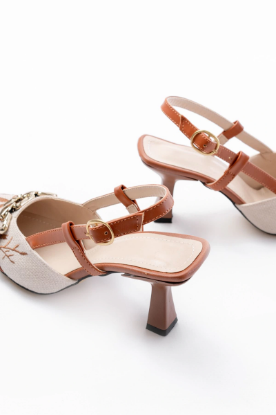 K-250 Taba Keten Günlük Arkası Açık Tokalı Topuklu Kadın Ayakkabı