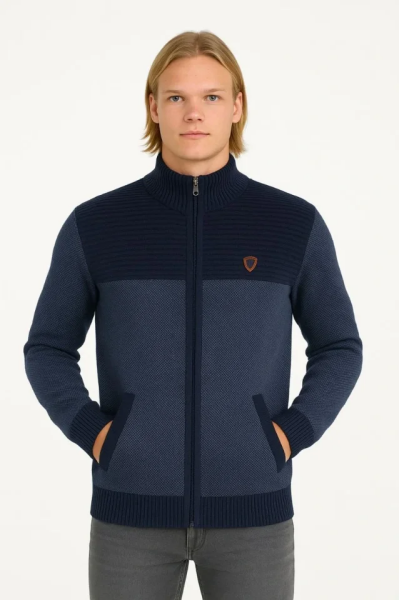 Erkek Fermuarlı Triko Hırka Yüksek Yaka, Cepli, Günlük Şık Rahat Kalıp Triko - Lacivert