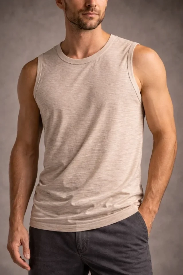 Erkek Flamlı Kumaş Sıfır Kolsuz Atlet Basic Spor Üst, Günlük Ve Fitness Kullanımına Uygun - Taş