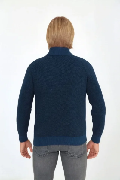 Erkek Fermuarlı Triko Hırka Yüksek Yaka, Cepli, Günlük Şık Rahat Kalıp Triko - Mavi