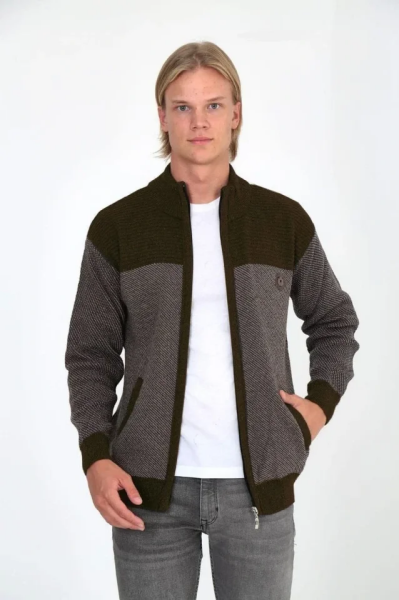 Erkek Fermuarlı Triko Hırka Yüksek Yaka, Cepli, Günlük Şık Rahat Kalıp Triko - Kahverengi