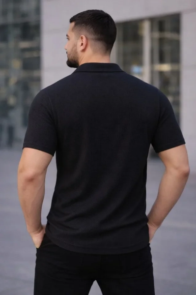 Erkek Waffle Kumaş Kısa Kollu Düğmeli Açık Yaka Regular Fit Gömlek - Siyah