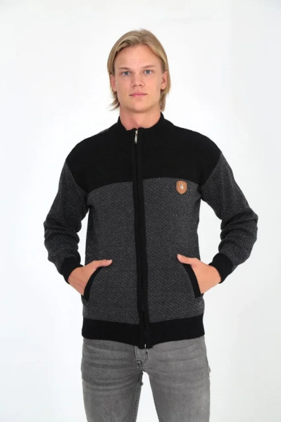 Erkek Fermuarlı Triko Hırka Yüksek Yaka, Cepli, Günlük Şık Rahat Kalıp Triko - Siyah