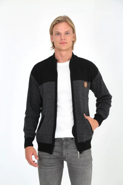 Erkek Fermuarlı Triko Hırka Yüksek Yaka, Cepli, Günlük Şık Rahat Kalıp Triko - Siyah