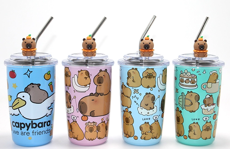 Capybara Figürlü Isı Muhafazalı Metal Pipetli Paslanmaz Çelik Kupa