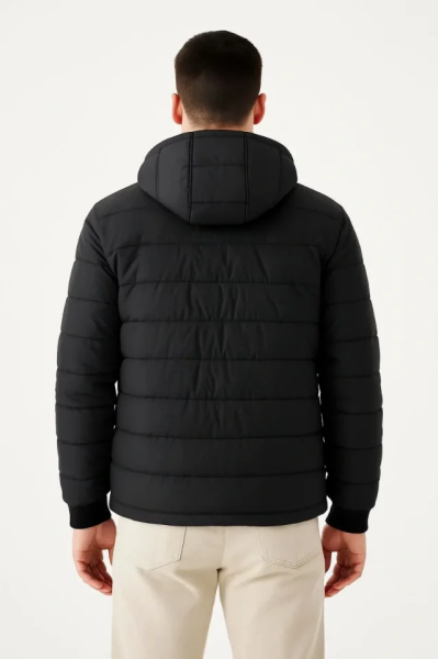 Erkek Şişme Kapüşonlu Fermuarlı Mont Su Itici Kapitone Astarlı Kumaş Cepli Kışlık Rahat Kalıp - Siyah