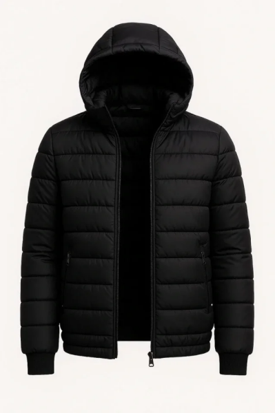 Erkek Şişme Kapüşonlu Fermuarlı Mont Su Itici Kapitone Astarlı Kumaş Cepli Kışlık Rahat Kalıp - Siyah