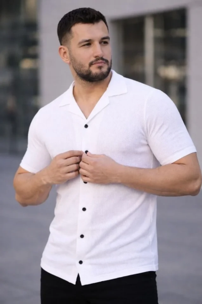 Erkek Waffle Kumaş Kısa Kollu Düğmeli Açık Yaka Regular Fit Gömlek - Beyaz