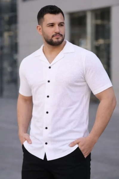 Erkek Waffle Kumaş Kısa Kollu Düğmeli Açık Yaka Regular Fit Gömlek - Beyaz