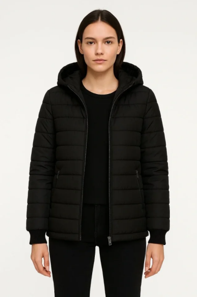 Şişme Kapüşonlu Fermuarlı Mont Su Itici Kapitone Astarlı Kumaş Cepli Kışlık Rahat Kalıp - Siyah